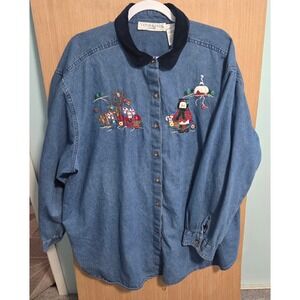 Victoria Jones Woman Size 3X Denim Button-Up Christmas Embroidered Shirt Santa‎